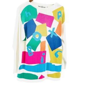 Vintage 90s Bruna Cavvalini White 100% Cotton Geometric Letter Print Sweater